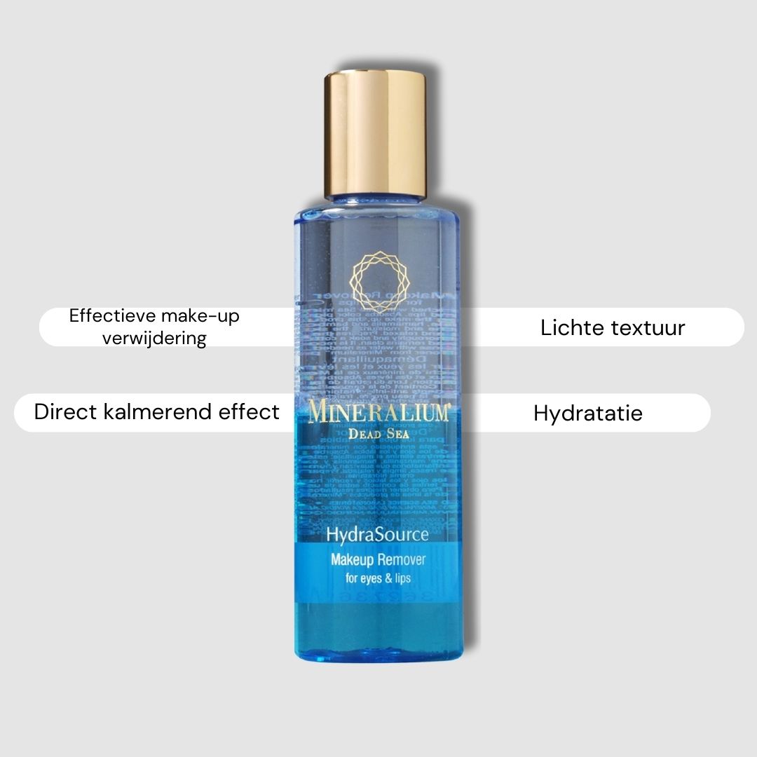 Vloeistof in fles met gouden dop. Opschrift: Mineralium, HydraSource, make-up remover.