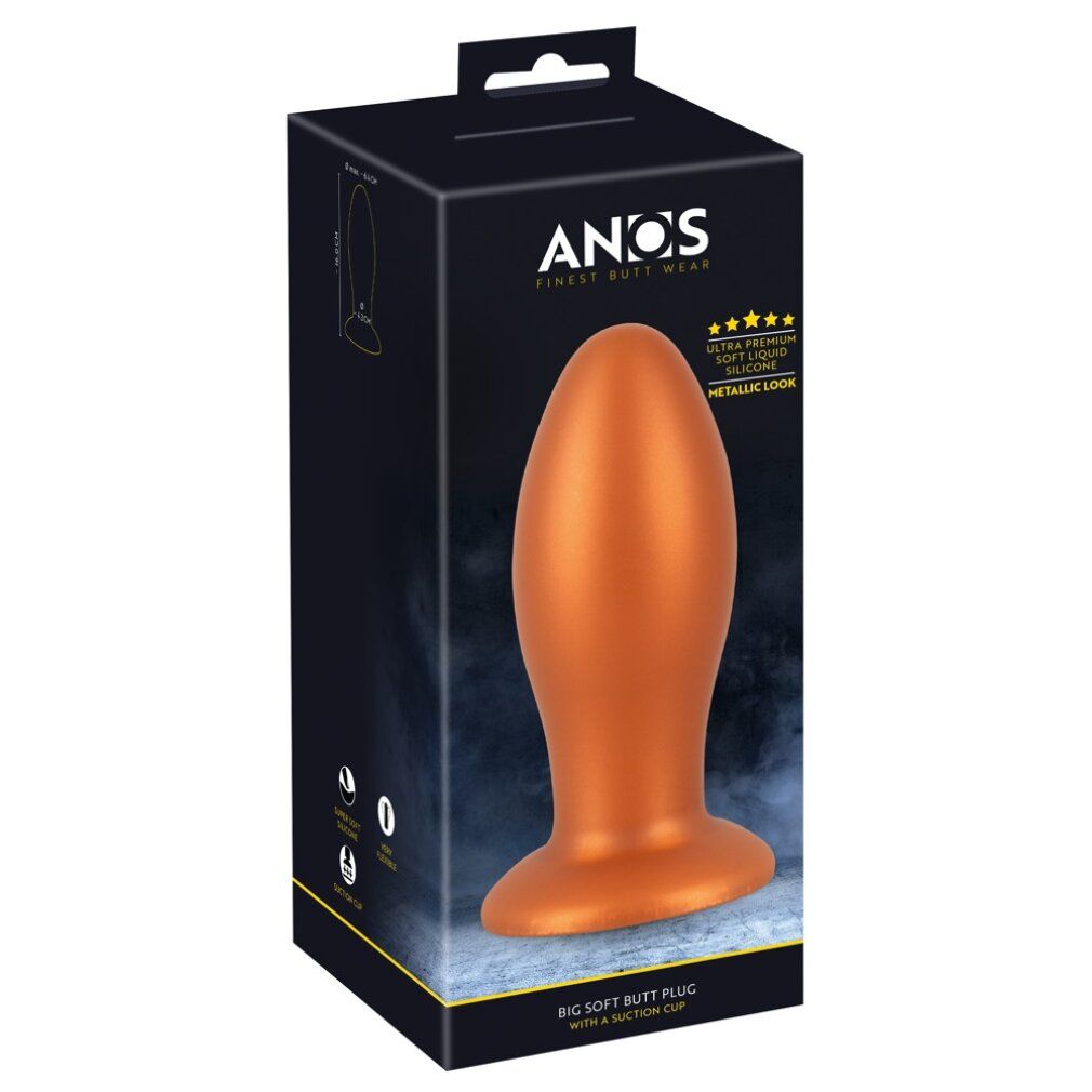 Verpackung: Schwarze Box mit orangefarbenem Analplug. Marke: ANOS.