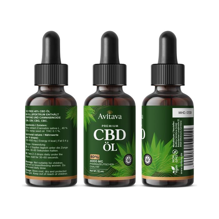 Drei Avitava CBD Öl Flaschen mit Pipette, verschiedene Ansichten. Dunkles Glas mit grünem Etikett.