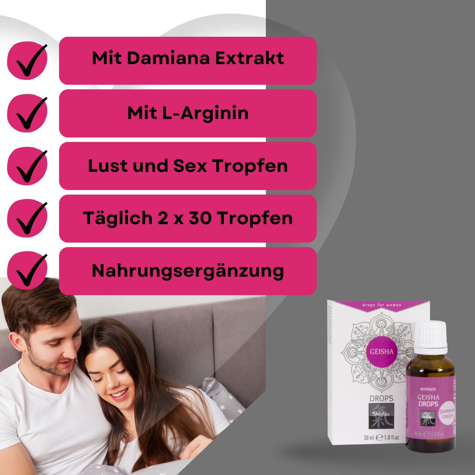 Paar im Bett. Produkt: Geisha Drops, Flasche und Schachtel. Text: Mit Damiana Extrakt, Mit L-Arginin, Lust und Sex Tropfen.