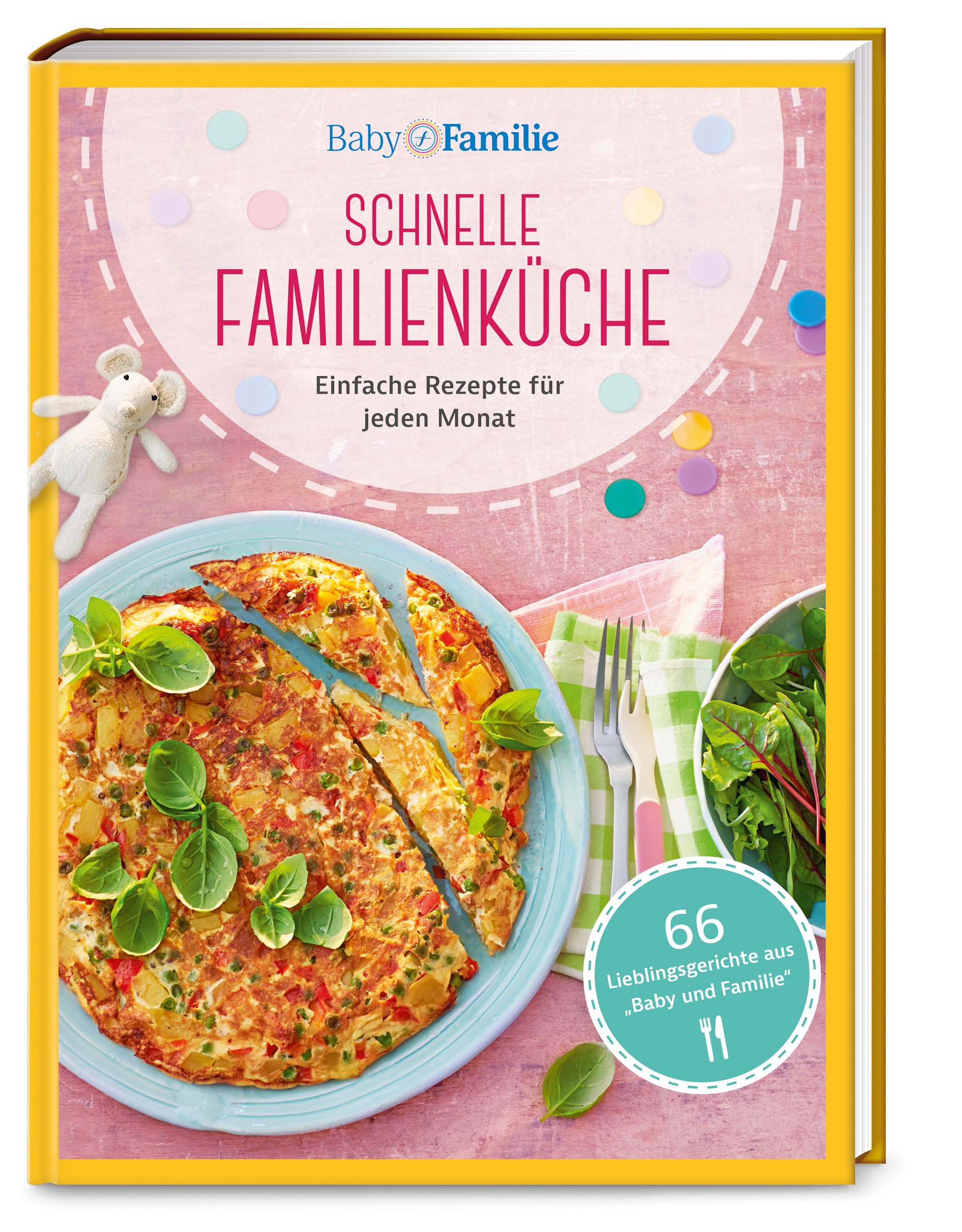Buchcover mit Titel 'Schnelle Familienküche'. Auf dem Teller ein Omelett, daneben Salat. Logo 'Baby & Familie'.