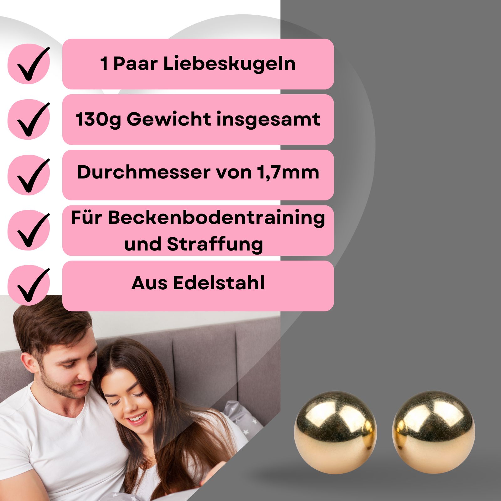 Zwei goldfarbene Kugeln, neben Text: 1 Paar Liebeskugeln, 130g Gewicht, 1,7mm Durchmesser, Edelstahl.