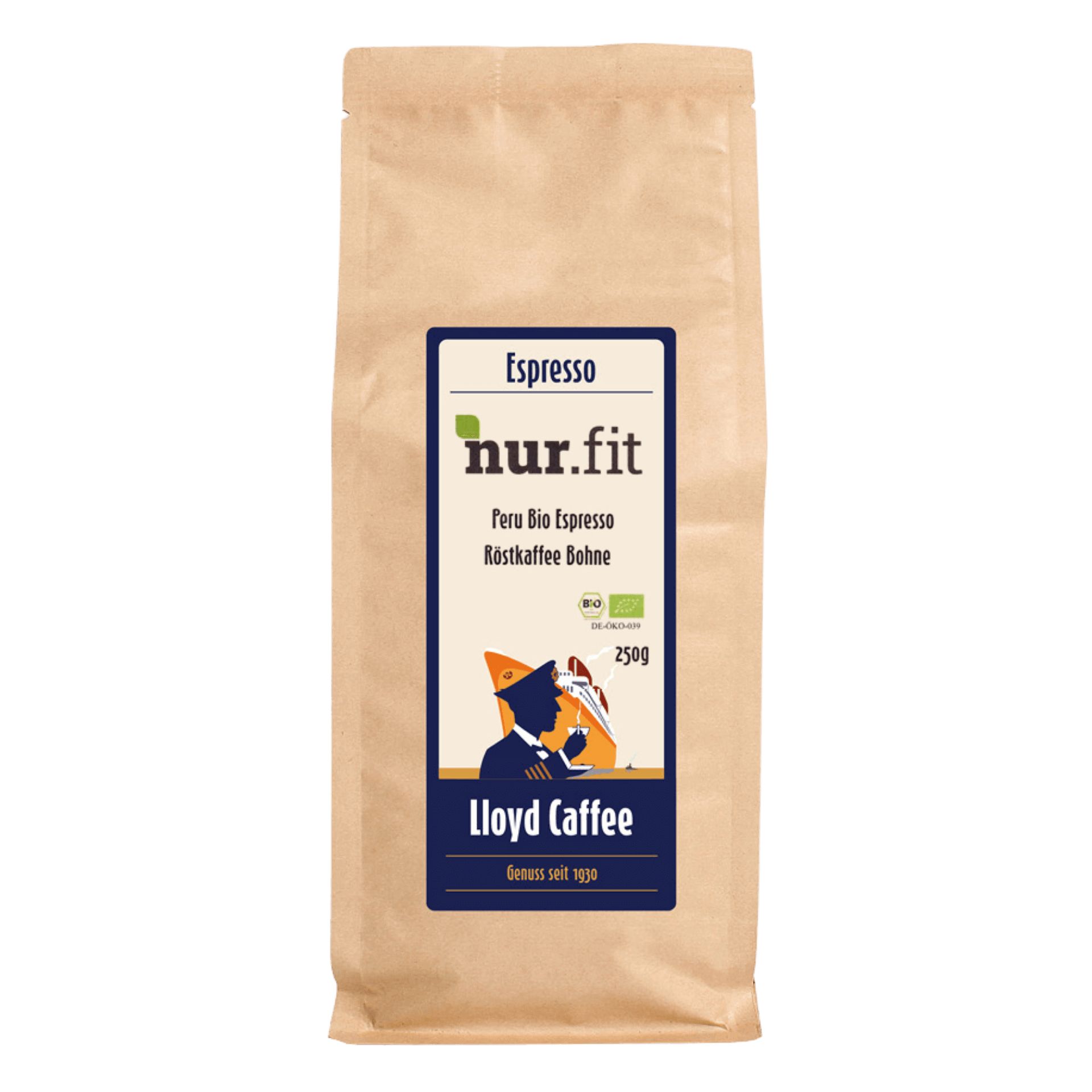 Braune Papiertüte mit blauem Etikett. Aufschrift: nur.fit, Espresso, Peru Bio Espresso, 250g, Lloyd Caffee. Bio-Siegel.
