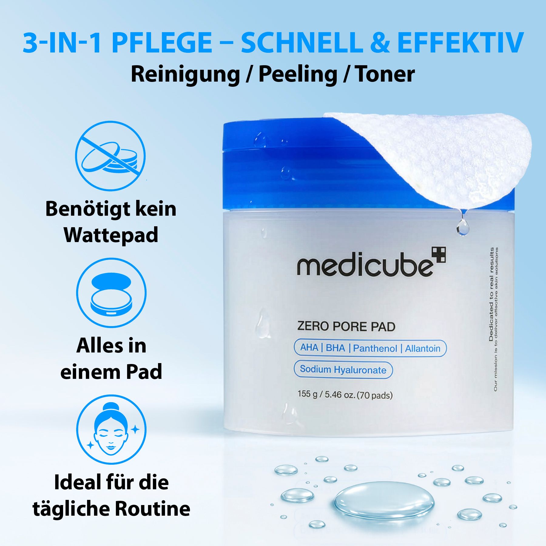 Medicube Zero Pore Pad: 155g (70 Pads) in einem Behälter. Reinigt, peelt und tonisiert ohne Wattepad.