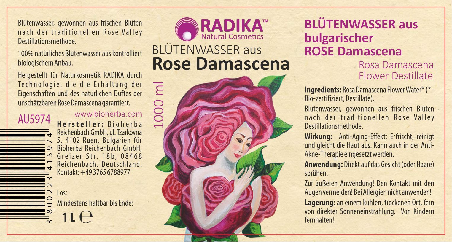 Etikett mit Produktname, Rose-Illustration und Text. Marke: Radika. Text: Blütenwasser aus Rose Damascena.