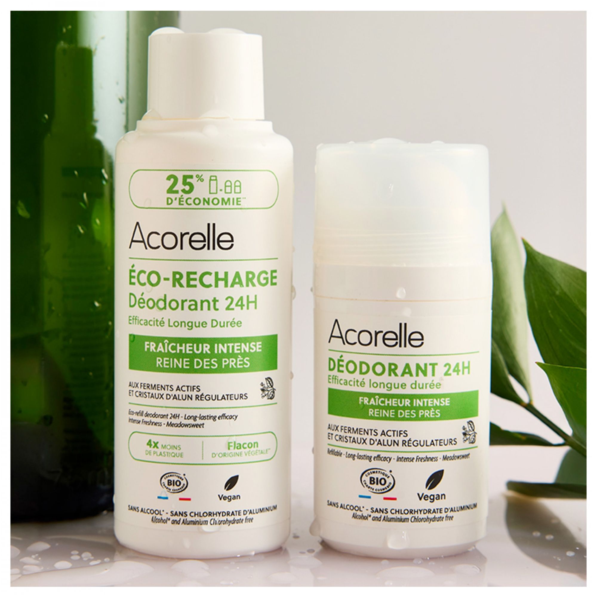 Acorelle Deodorant Roll-On und Nachfüllflasche, 24h Frische, Reine des Prés.