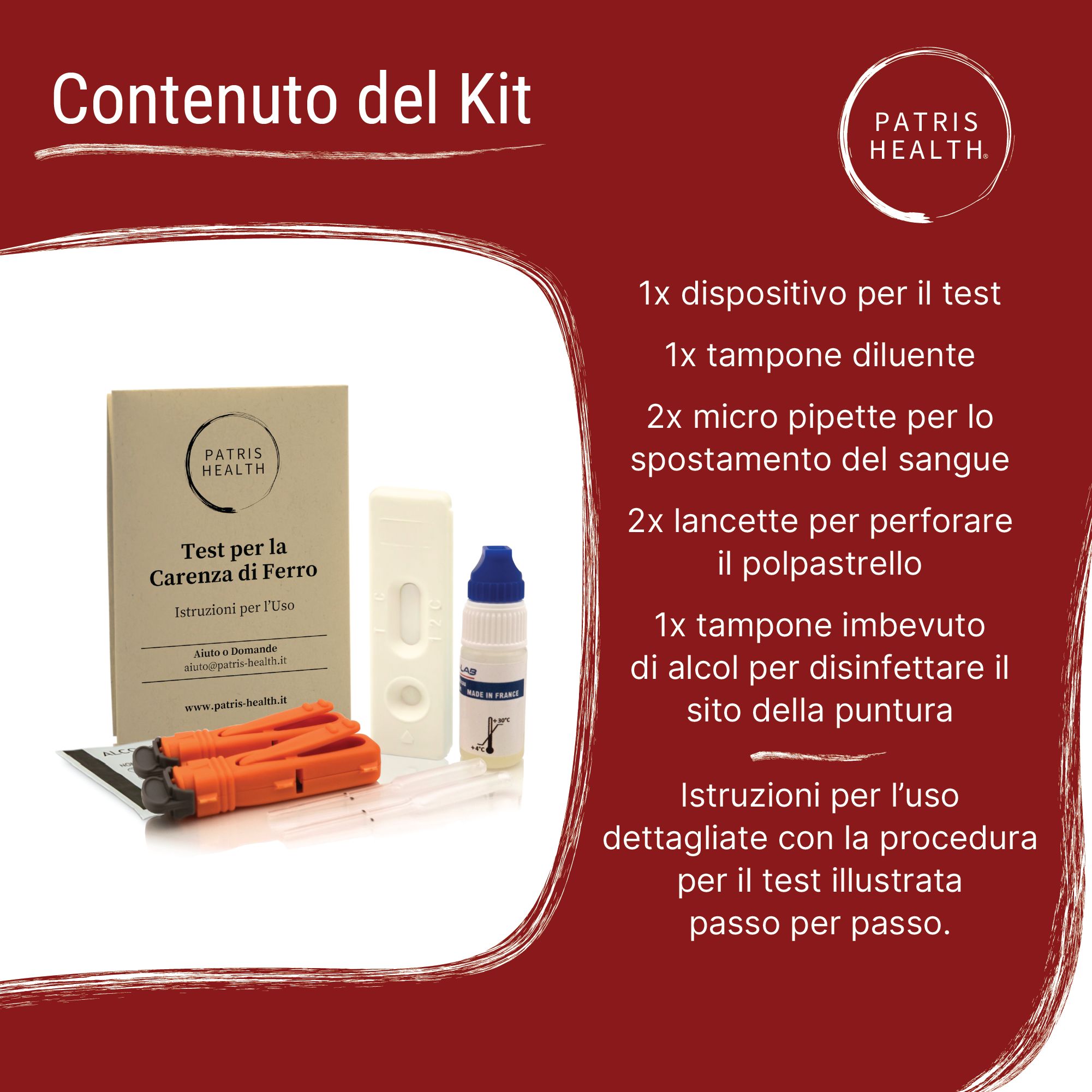 Contenuto del kit Patris Health® per l'autotest della carenza di ferro. Dispositivo, tampone diluente, micropipette, lancette, tampone alcolico, istruzioni.