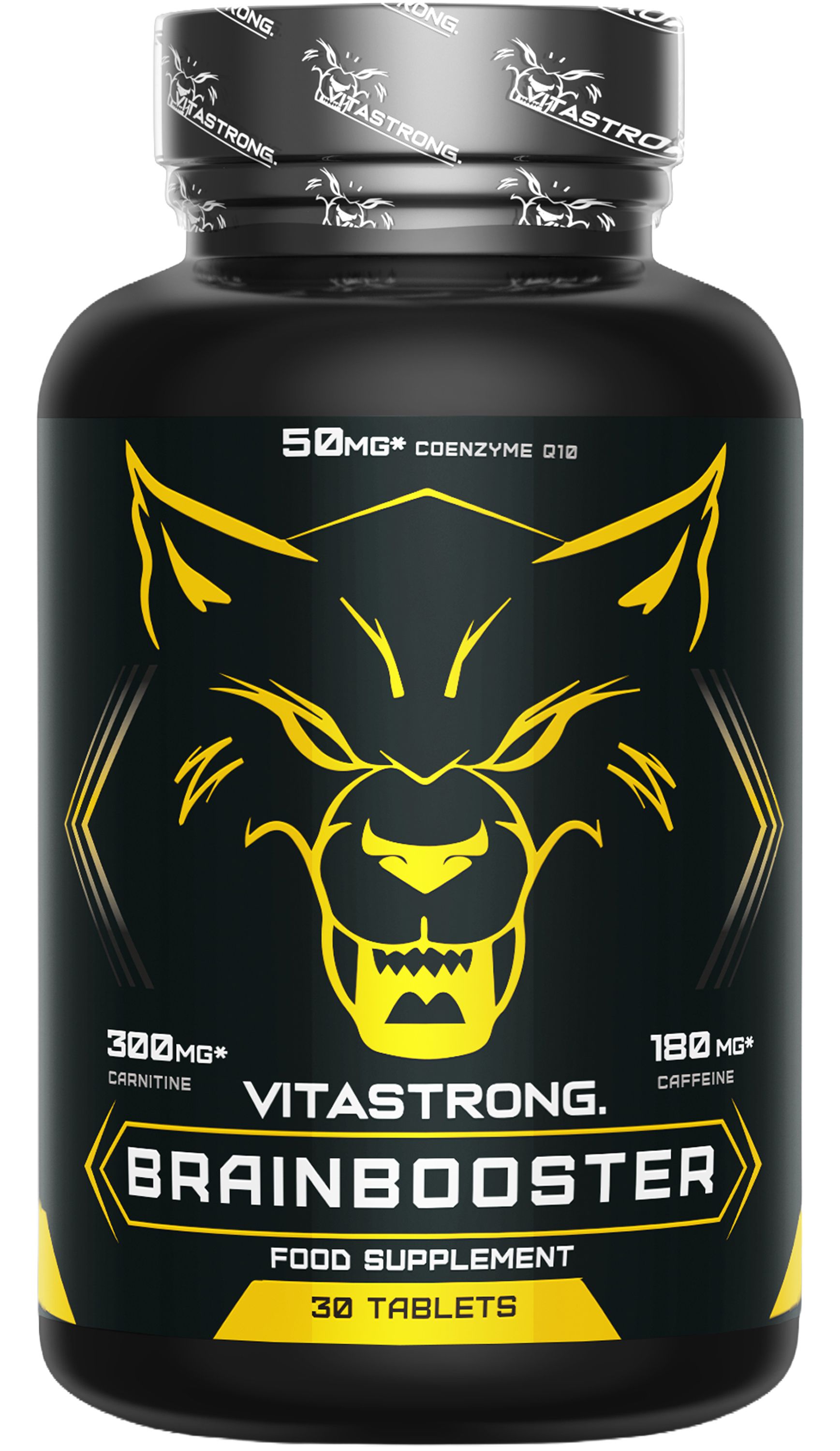 Vitastrong Brainbooster Flasche mit Wolfskopf-Design, 30 Tabletten.
