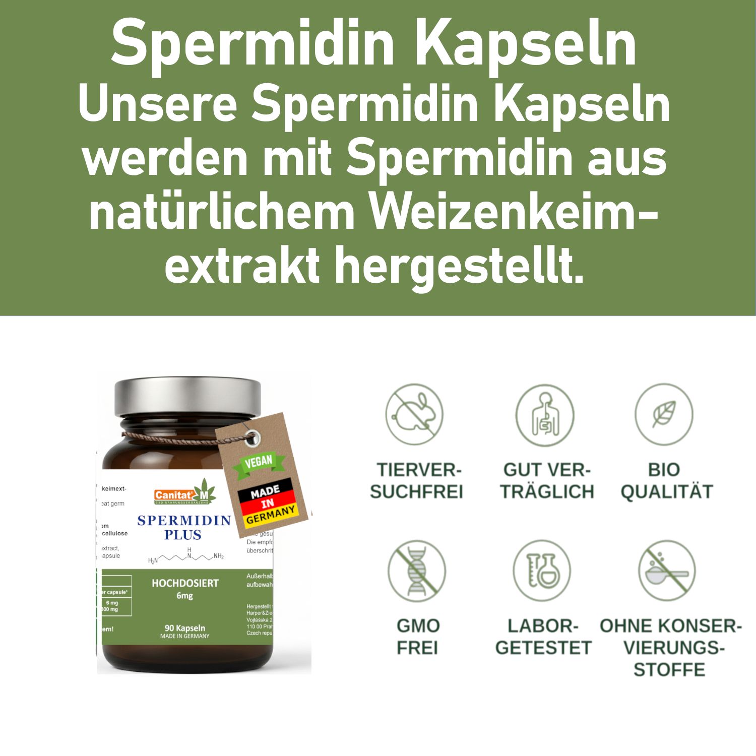 Braune Glasflasche mit Etikett: Spermidin Plus, 6mg, 90 Kapseln. Vegan-Siegel, Made in Germany. Text: Spermidin Kapseln.