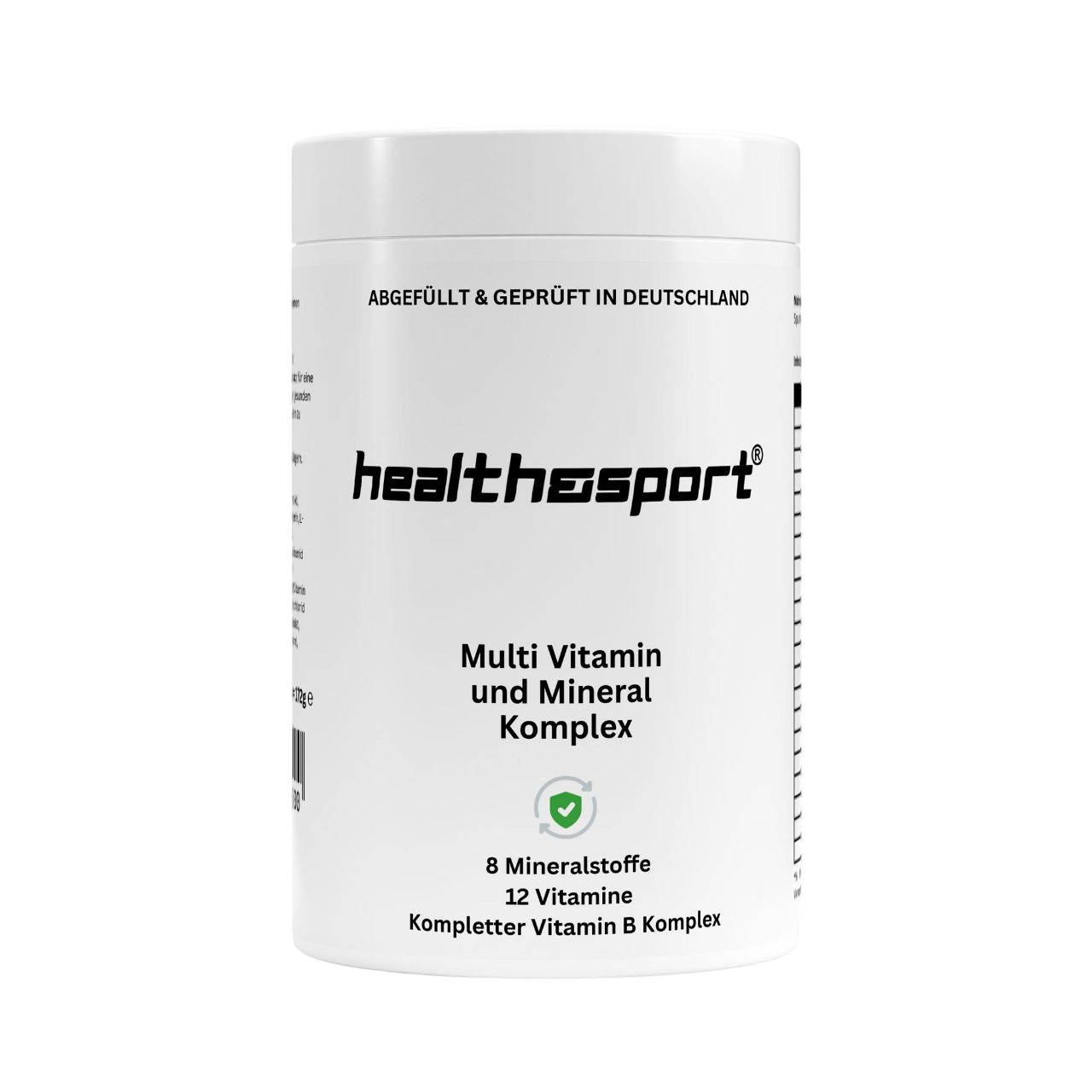 Weiße Dose mit "healthosport"-Logo und "Multi Vitamin und Mineral Komplex". Enthält 8 Mineralstoffe, 12 Vitamine, Vitamin B Komplex.