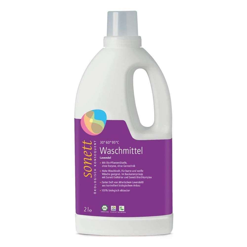 Weiß-lila Flasche mit Waschmittel. Sonett-Logo, Text: Waschmittel Lavendel, 2l. Mit Bio-Pflanzenölen, ohne Enzyme, ohne Gentechnik.