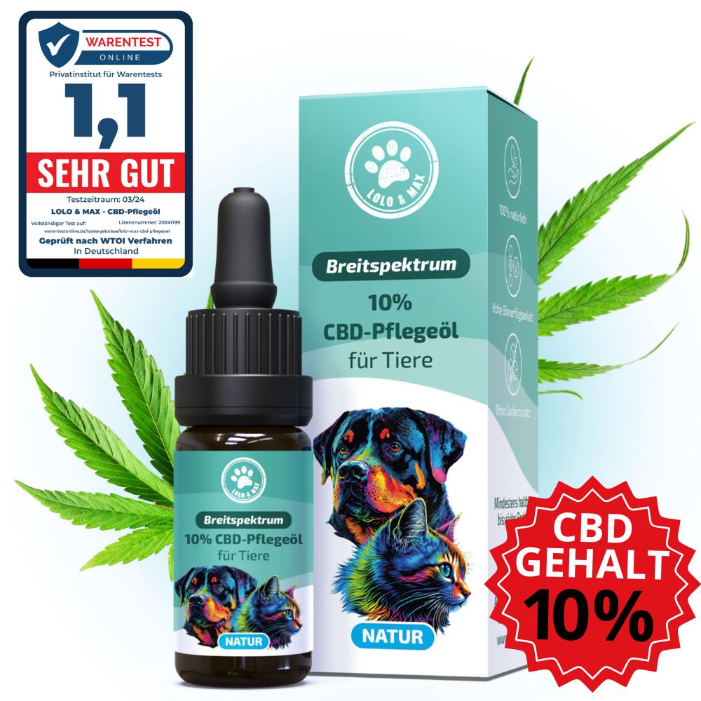 Flasche und Verpackung mit CBD-Öl. Text: Breitspektrum 10% CBD-Pflegeöl für Tiere. CBD-Gehalt 10%. Siegel: Sehr gut.