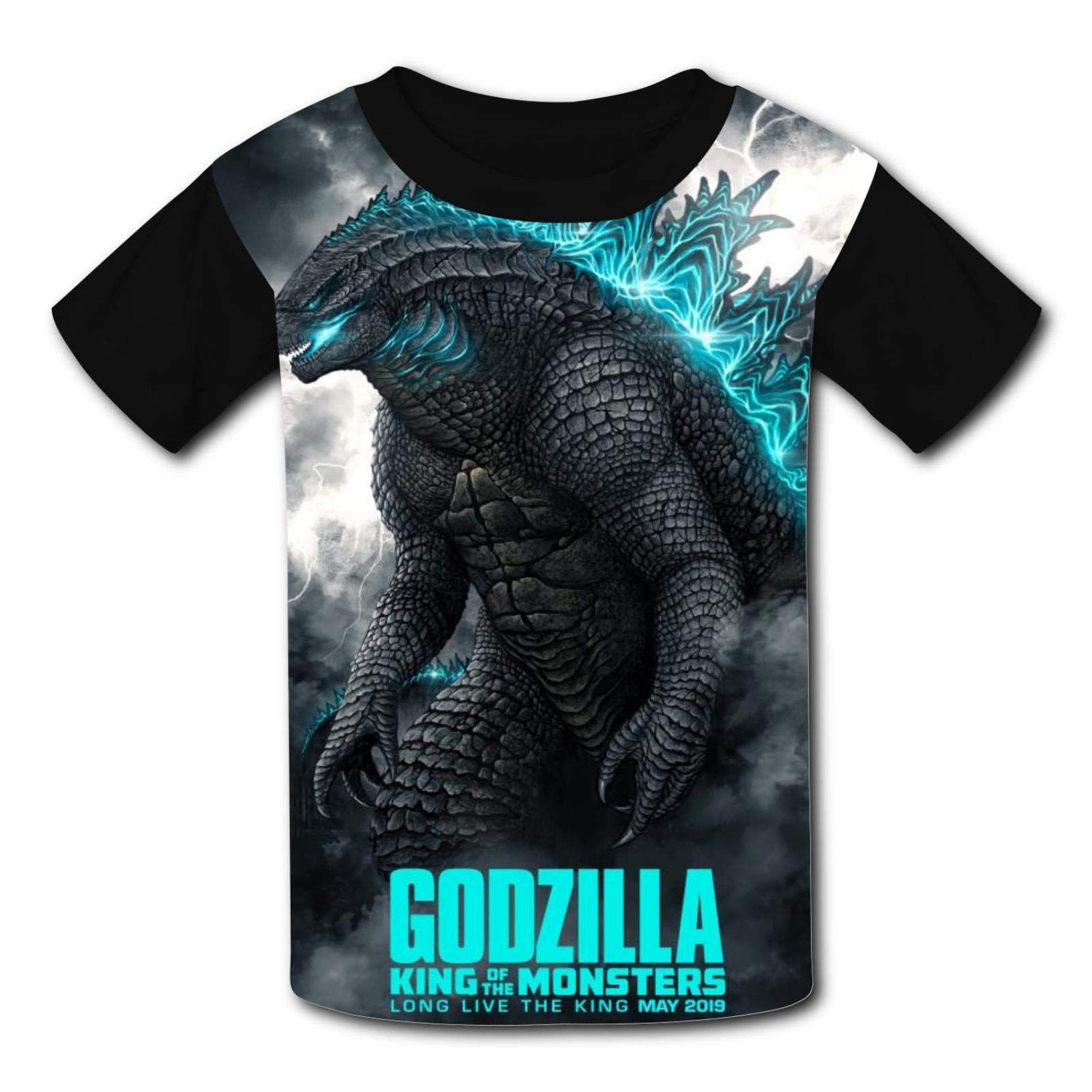 Schwarzes T-Shirt mit Godzilla-Illustration. Aufdruck mit Godzilla-Figur und Schriftzug GODZILLA. Schwarze Ärmel.