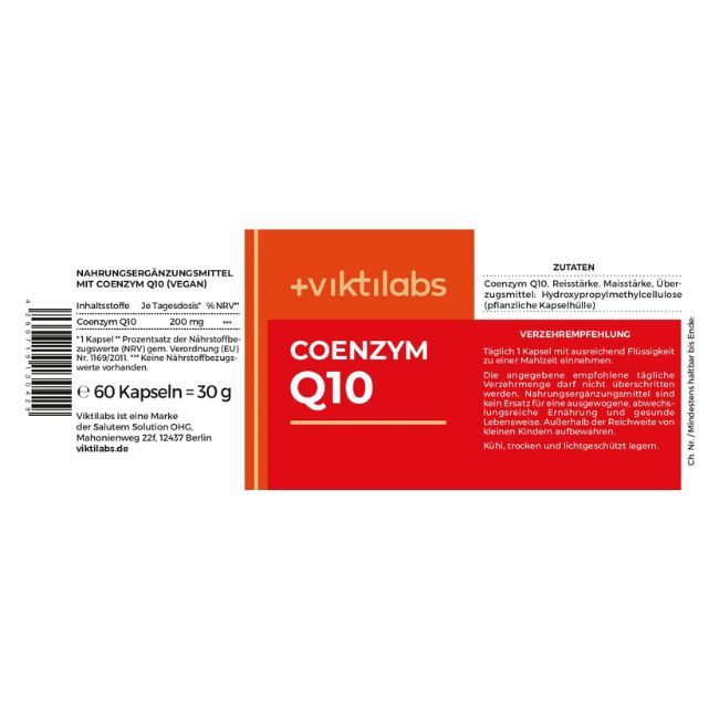 Verpackung mit Text: Nahrungsergänzungsmittel mit Coenzym Q10 (vegan). 60 Kapseln. Zutaten.