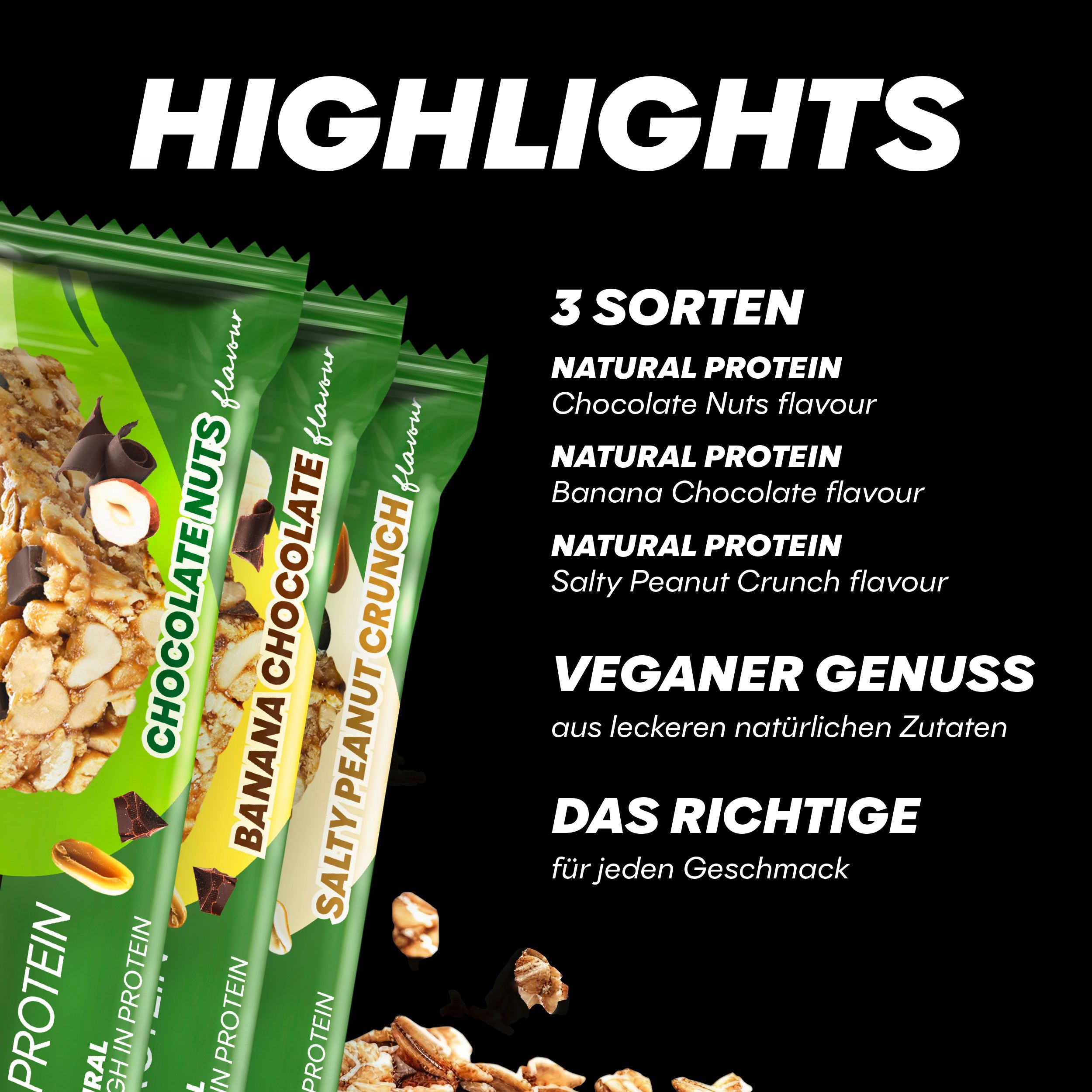 Drei POWERBAR Riegel in den Geschmacksrichtungen Chocolate Nuts, Banana Chocolate und Salty Peanut Crunch. Veganer Genuss aus natürlichen Zutaten.
