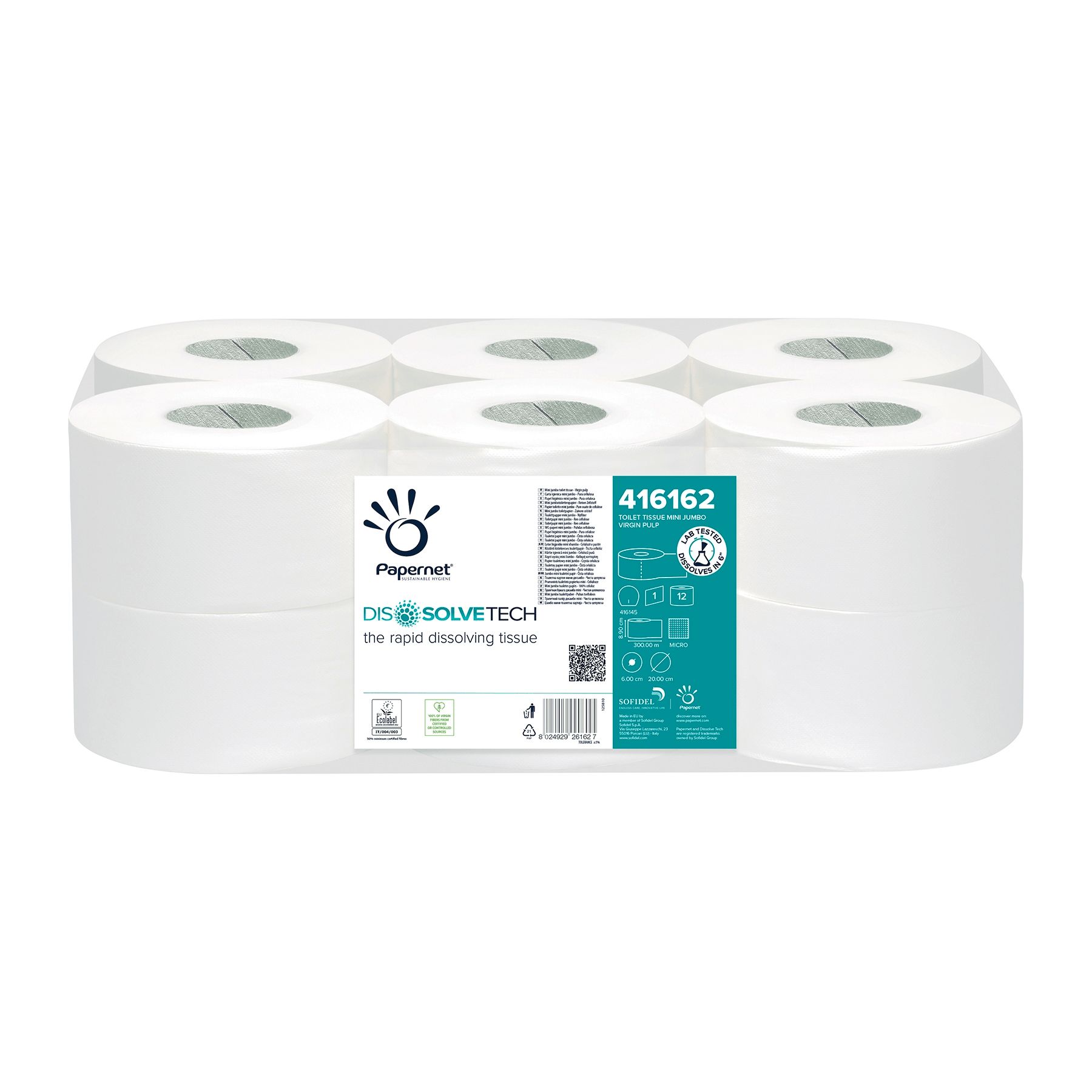 Packung Toilettenpapier mit 6 Rollen. Marke Papernet, Dissolve Tech Technologie. Weiße Rollen in transparenter Folie verpackt.