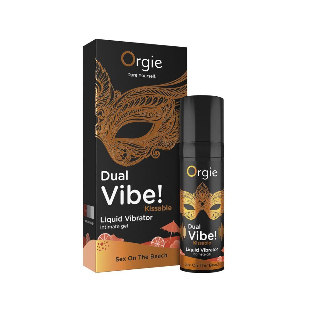 Schwarze Verpackung und Flasche. Aufschrift: Orgie, Dual Vibe! Kissable Liquid Vibrator. Goldene Maske und Schrift.