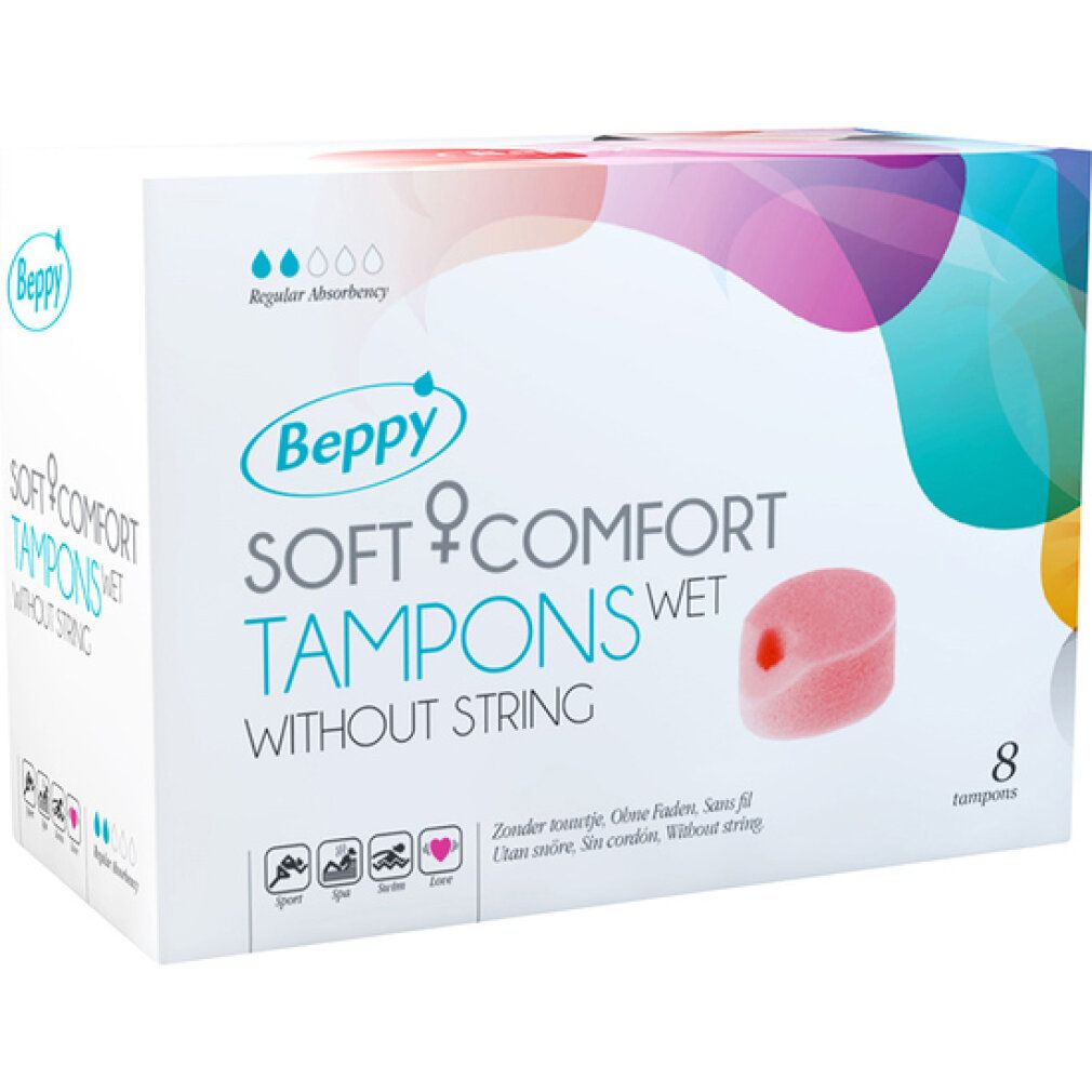 Verpackung von Beppy Soft Comfort Tampons Wet ohne Faden. Enthält 8 Tampons. Aufdruck: Regular Absorbency.