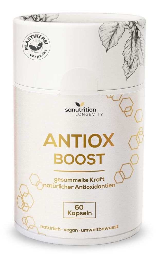 Zylindrische Dose mit "ANTIOX BOOST"-Aufdruck. Enthält 60 Kapseln. "Sanutrition"-Logo und "plastikfrei verpackt"-Siegel.