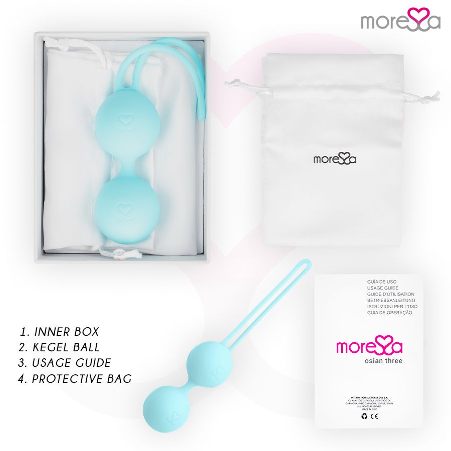 Produkt-Set: Kegel-Kugel, Box, Beutel, Gebrauchsanweisung. Marke: Moressa osian three.