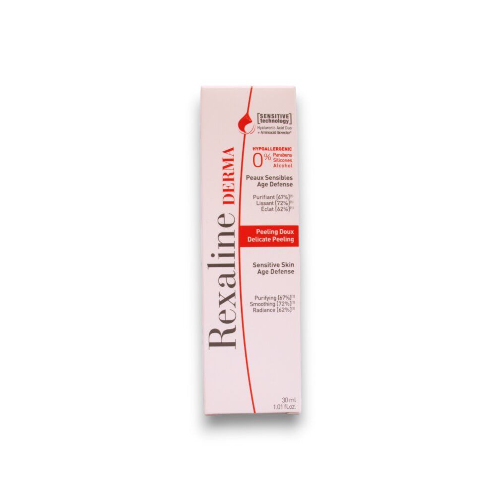 Kartonverpackung mit Aufschrift: Rexaline Derma. Für empfindliche Haut. Hypoallergen. Peeling Doux. Age Defense. 30 ml.