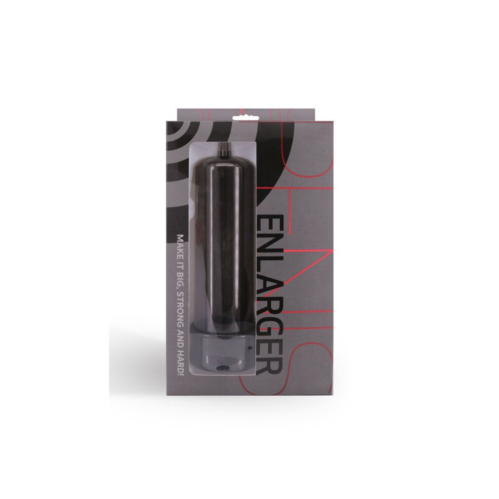 Produktverpackung mit transparentem Zylinder. Aufschrift: ENLARGER. Text: Make it big, strong and hard!