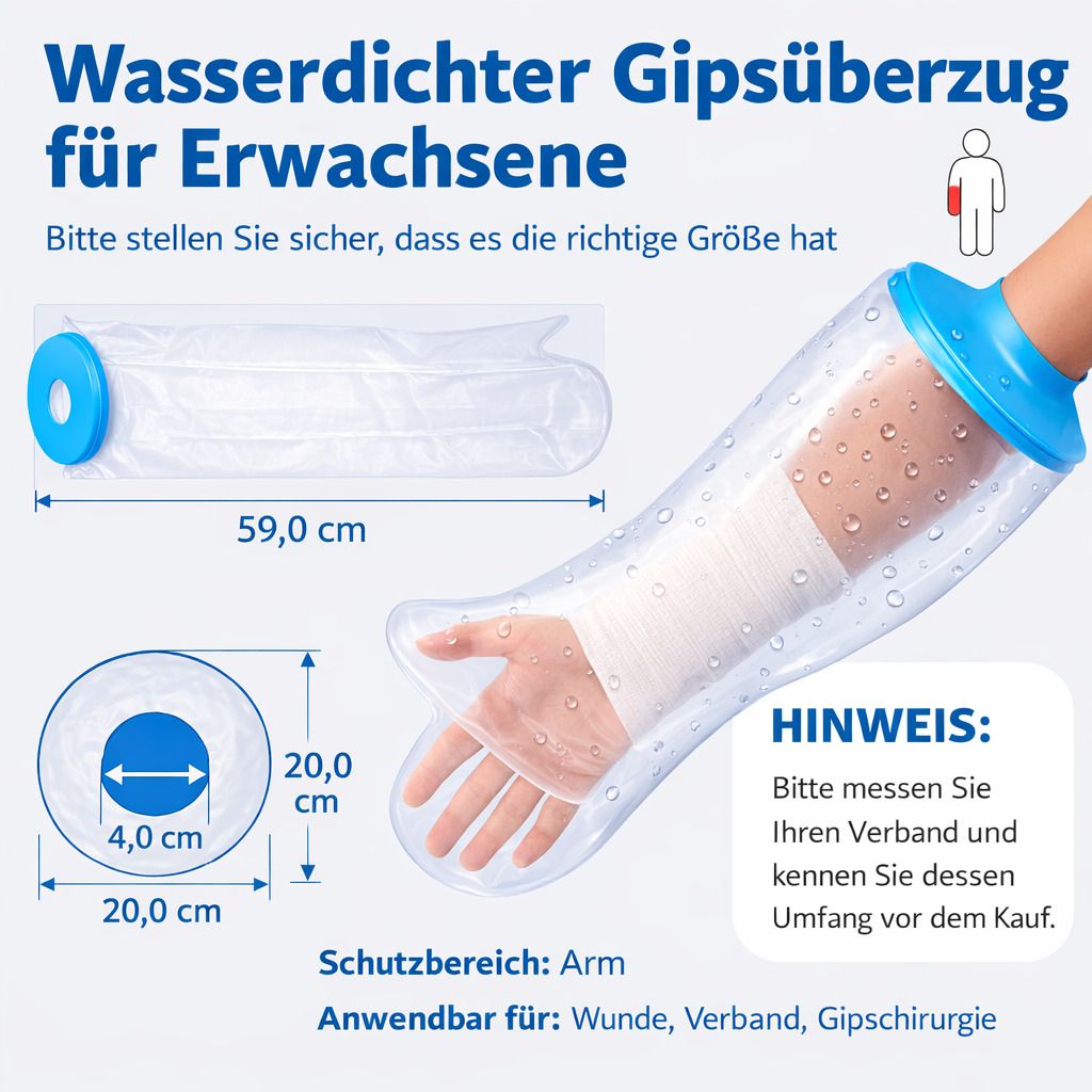 Transparenter Arm-Duschschutz mit blauem Silikonring. Maße: 59,0 cm lang, 20,0 cm Durchmesser. Geeignet für Wunden, Verbände, Gips. Text: "Wasserdichter Gipsüberzug für Erwachsene".
