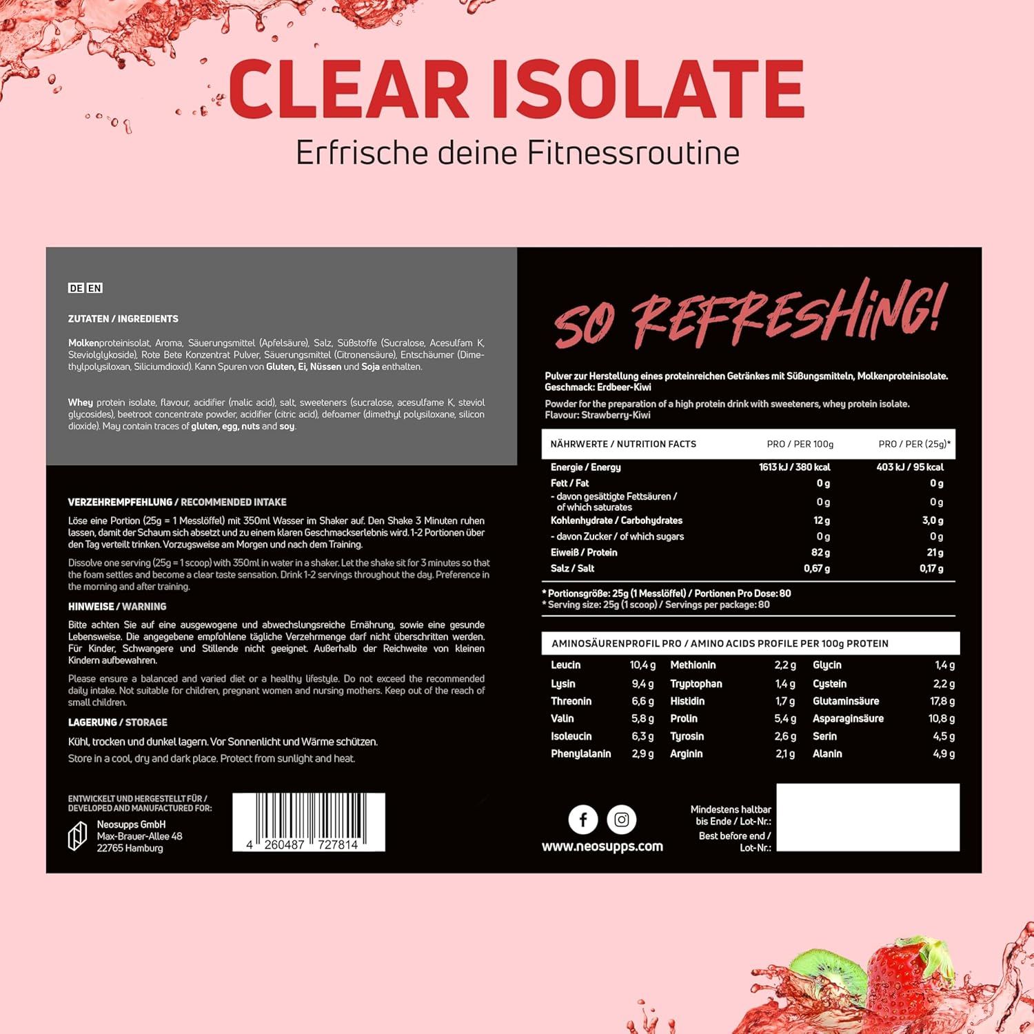 Produktinformationen auf weißem Hintergrund. Text: Clear Isolate, Zutaten, Nährwerte, Verzehrempfehlung, Aminosäurenprofil.