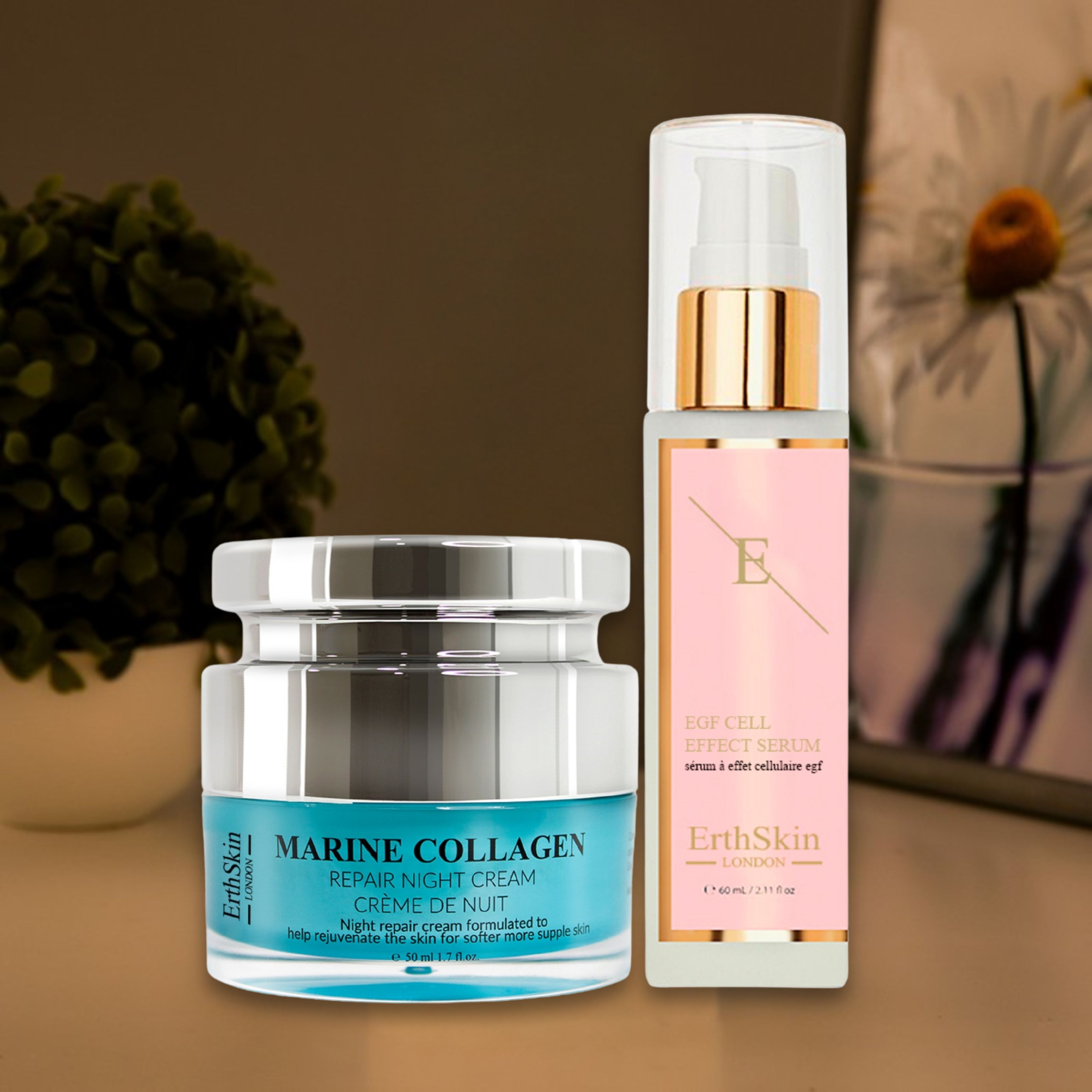 Kosmetik-Set mit Creme-Tiegel und Serum-Flasche. Aufschrift: Marine Collagen Repair Night Cream und EGF CELL EFFECT Serum. Marke: ErthSkin London.