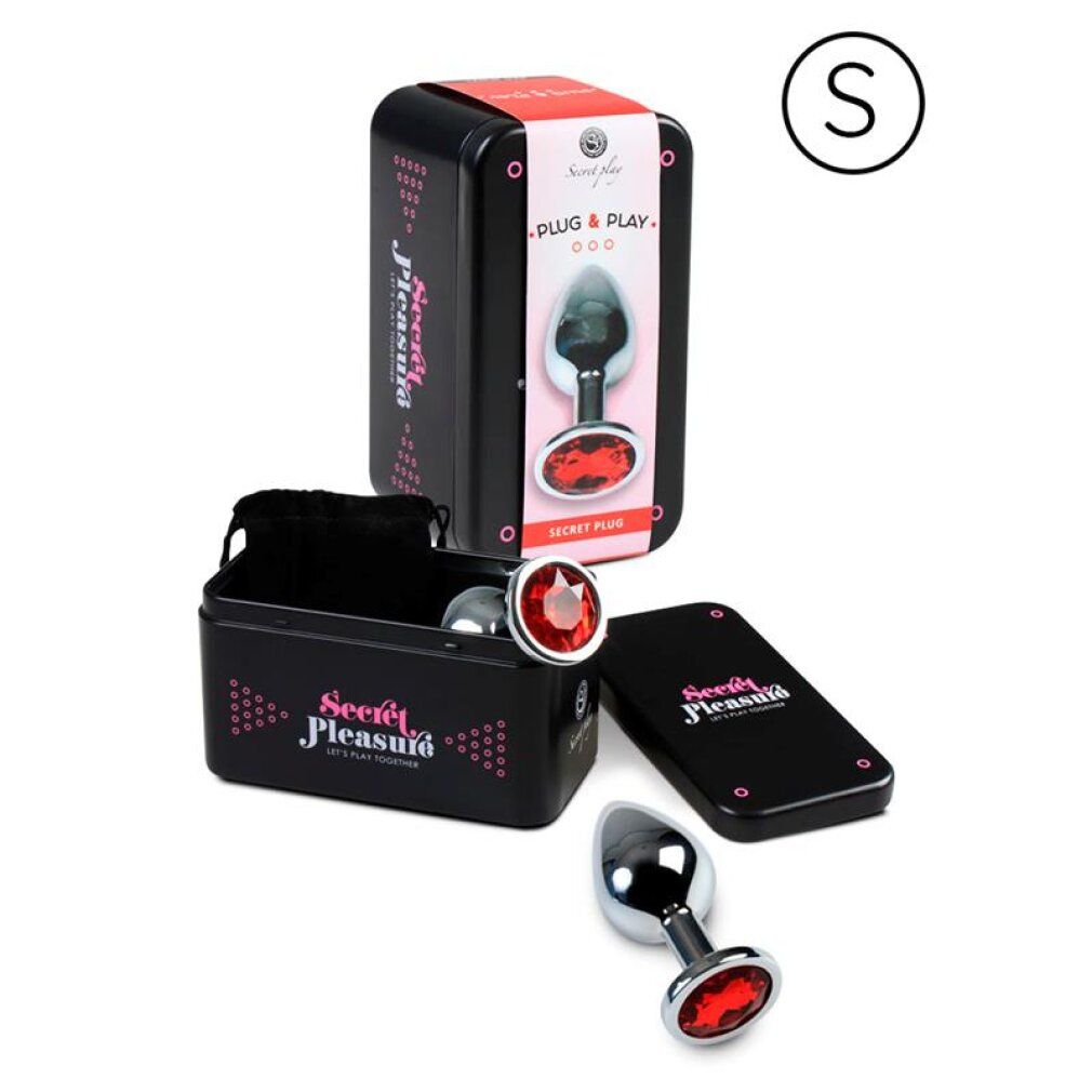 Metall-Analplug mit rotem Diamant-Stopper und Aufbewahrungsbox.