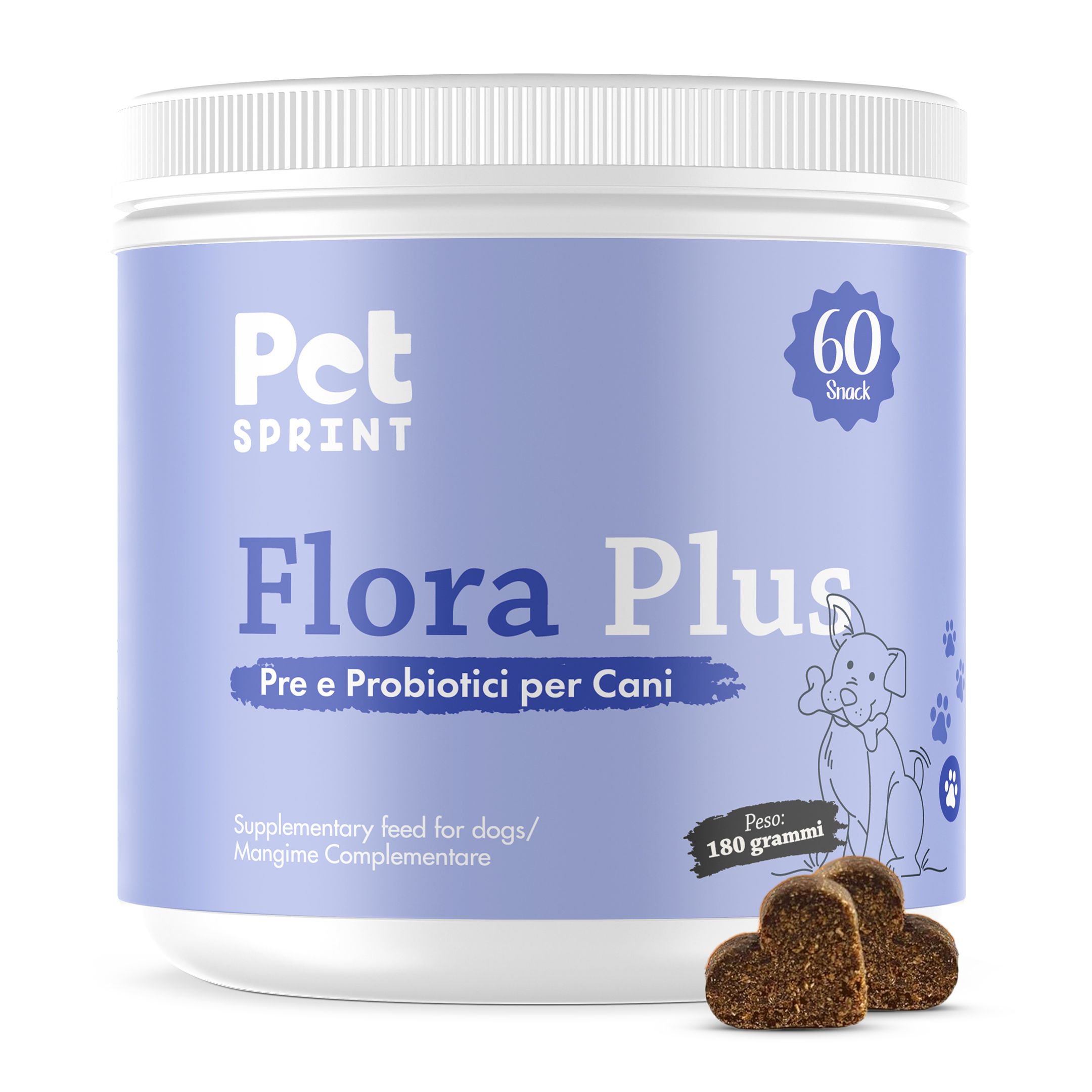 Contenitore Flora Plus, 60 snack. Scritta: Pet Sprint, Flora Plus, Pre e Probiotici per Cani. Due snack a forma di cuore.