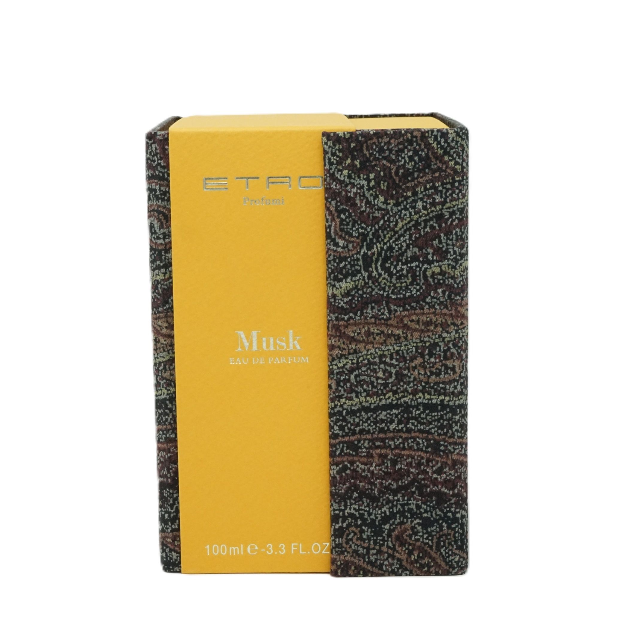 Verpackung von Etro Musk Eau de Parfum. Gelbe Vorderseite mit Produktnamen und Markenlogo. Seitenteile mit Paisley-Muster.
