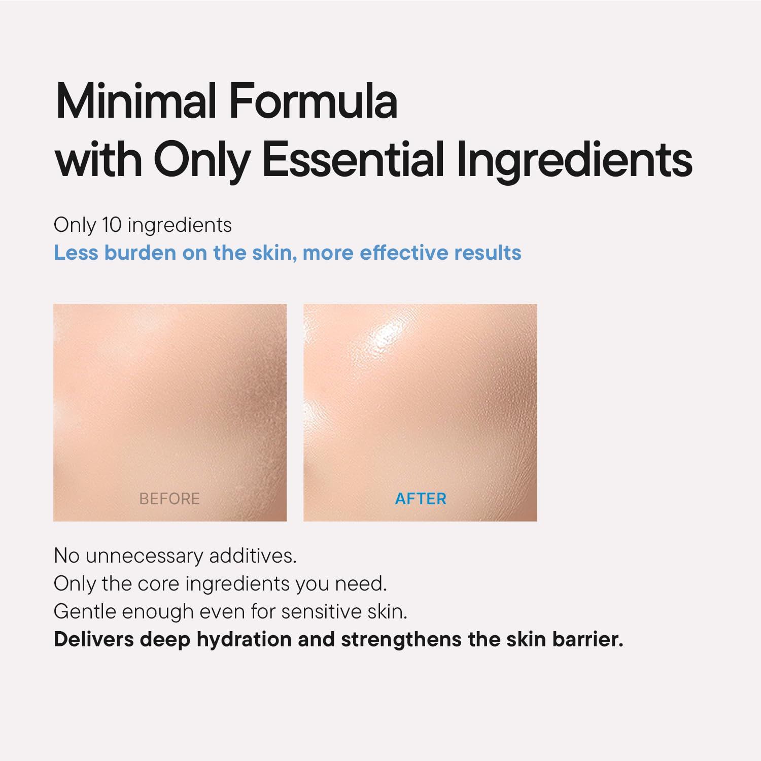 Text: Minimale Formel mit nur essentiellen Inhaltsstoffen. Vorher-Nachher-Vergleich von Haut.