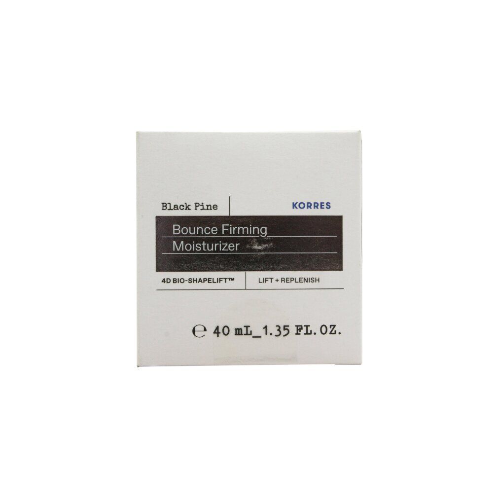 Weiße Schachtel mit Aufschrift: Black Pine, Bounce Firming Moisturizer, KORRES. Volumen: 40 ml / 1.35 FL. OZ.