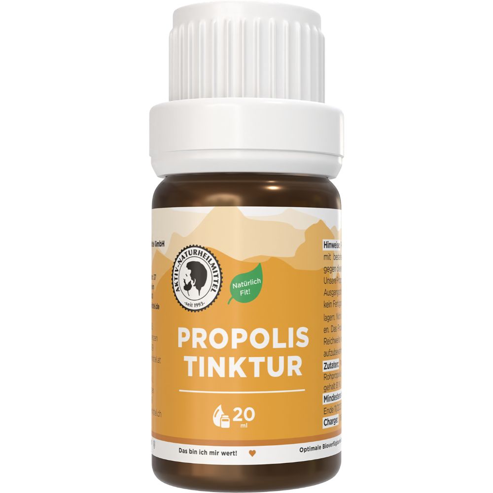 Braune Glasflasche mit weißem Deckel. Aufschrift 'Propolis Tinktur' und Logo mit Mann und Blättern. Gelber Hintergrund.
