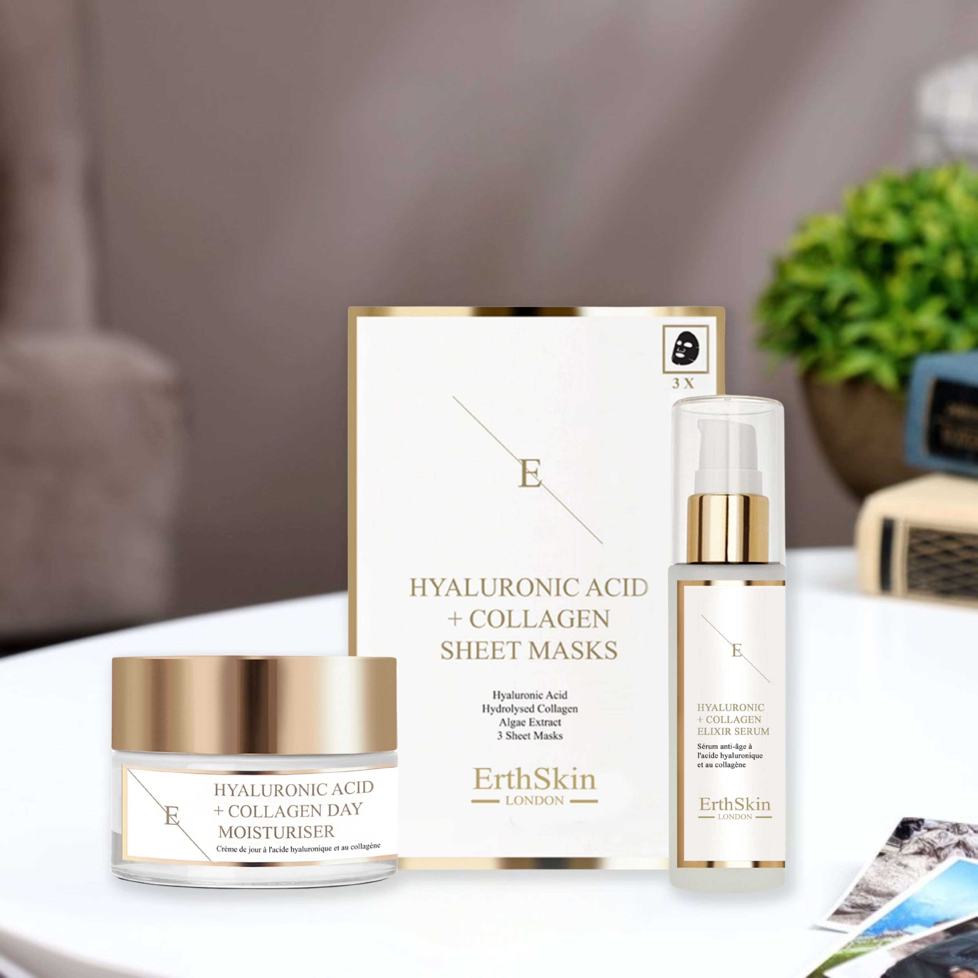 ErthSkin London Tagescreme mit Hyaluronsäure + Serum mit Hyaluronsäure und Kollagen + Maske set