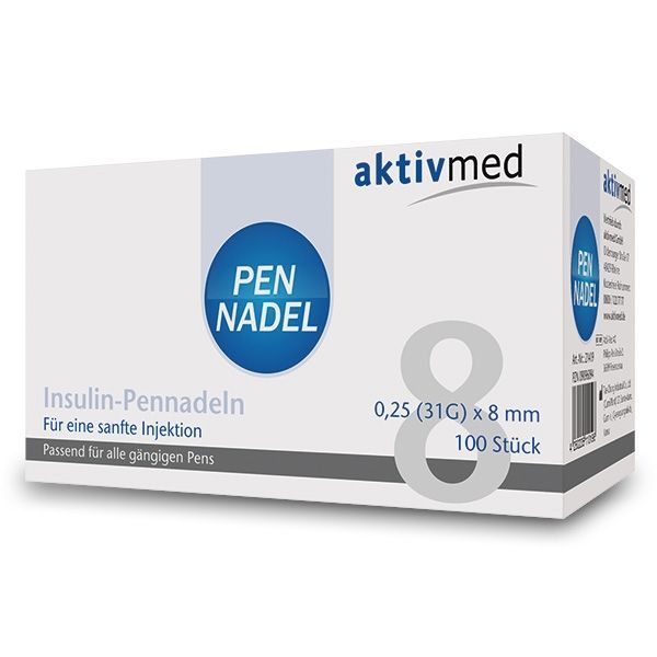 Verpackung mit Insulin-Pennadeln. Aufschrift: PEN NADEL, aktivmed. Größe: 0,25 (31G) x 8 mm. 100 Stück.