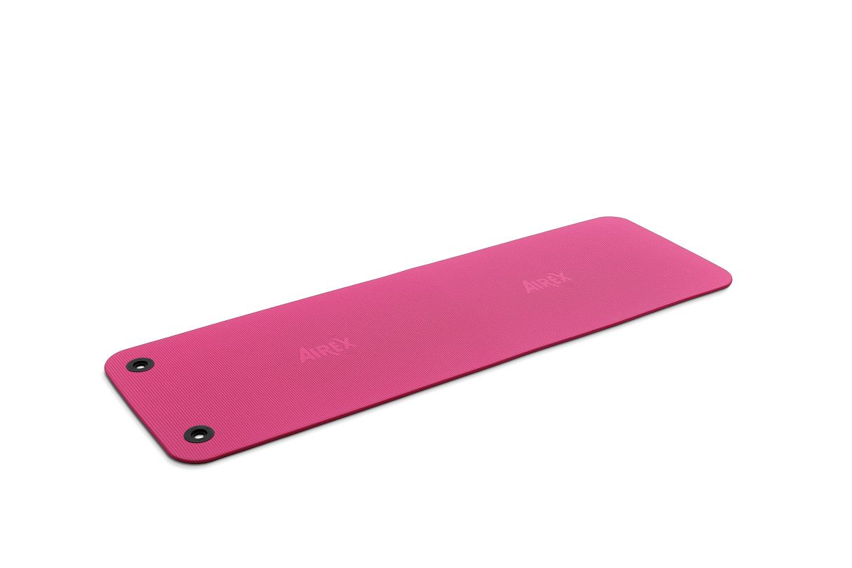 Pinkfarbene Gymnastikmatte mit Ösen. Rechteckige Form, AIREX-Logo. Für Fitness und Gymnastik.
