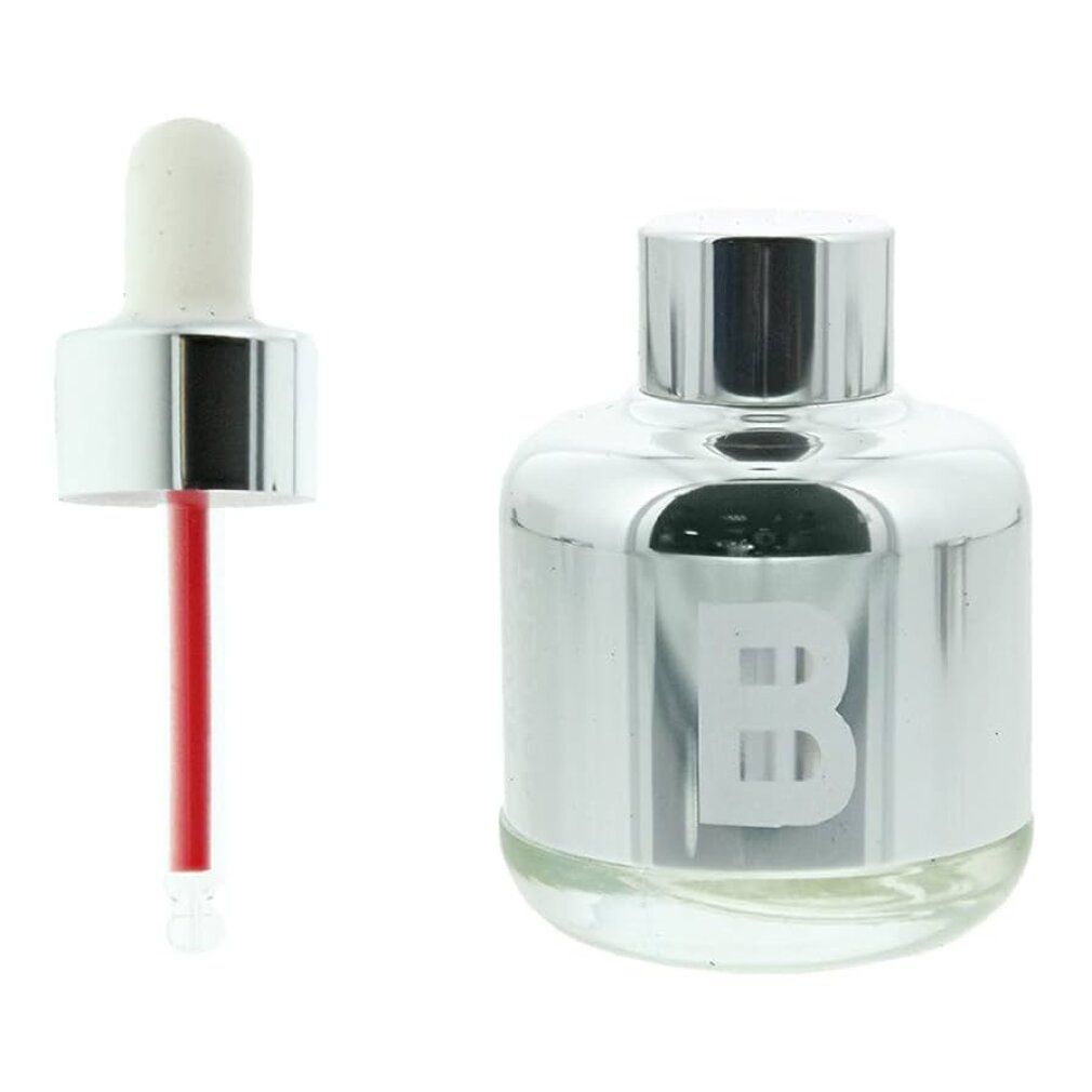 Silberne Flasche mit weißem Deckel und Pipette. Rote Flüssigkeit in der Pipette sichtbar. "B" auf der Flasche.