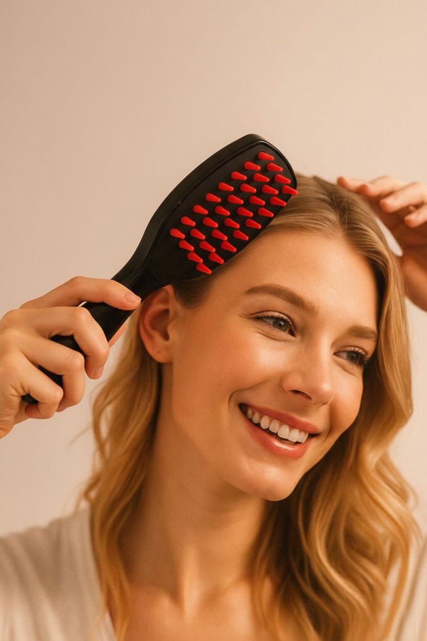 Eine Frau mit blonden Haaren benutzt eine schwarze Haarbürste mit roten Borsten.