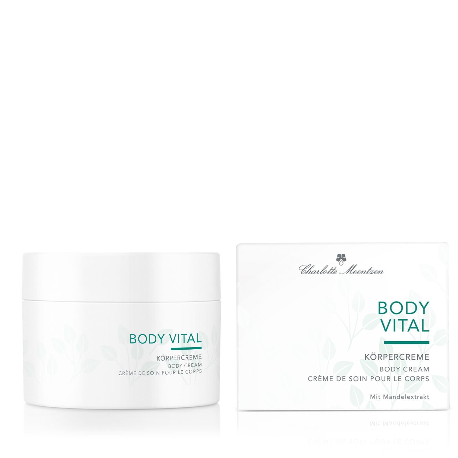 Charlotte Meentzen Body Vital Körpercreme in weißem Tiegel mit grüner Schrift und Blattmotiv.