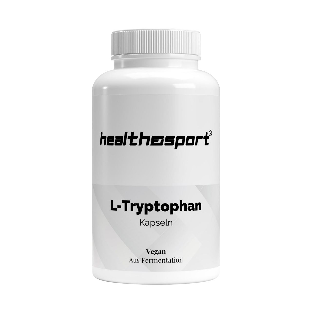Weiße Flasche mit schwarzem "healthesport"-Logo und "L-Tryptophan Kapseln"-Aufdruck. Vegan, aus Fermentation.