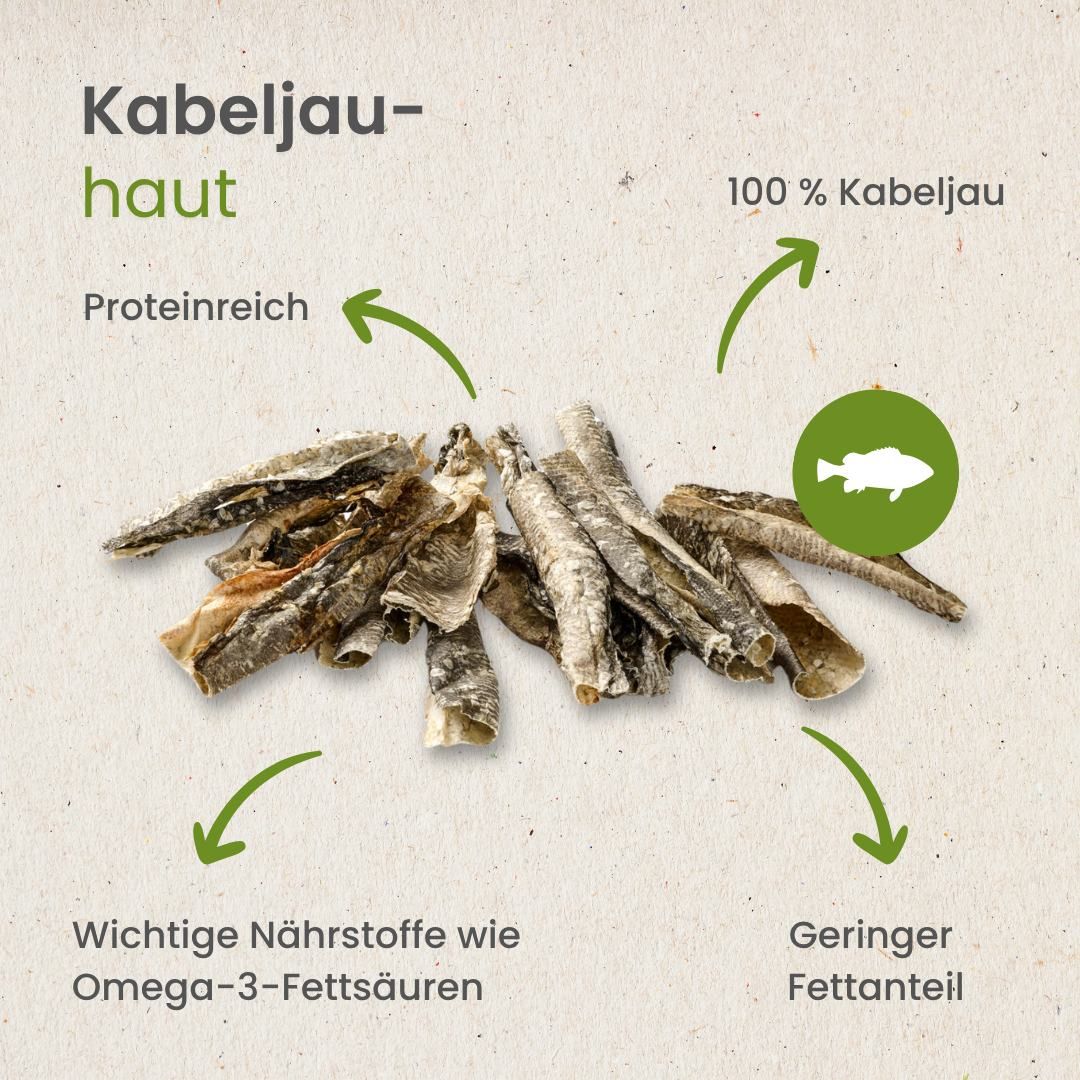 Kabeljau-Haut: Proteinreich, 100% Kabeljau, wichtige Nährstoffe, geringer Fettanteil.
