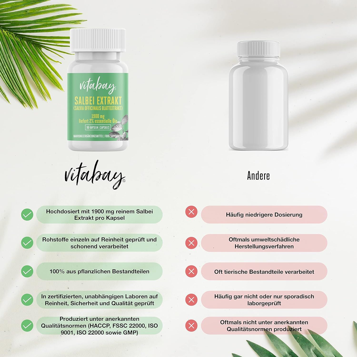 Vergleich von Vitabay Salbei Extrakt Kapseln mit anderen Produkten, Hervorhebung von Dosierung und Qualität.