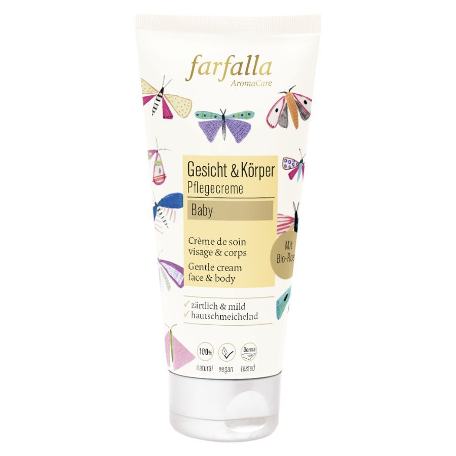 Creme-Tube mit Produktnamen und Schmetterlingsmotiven. Text: Gesicht & Körper Pflegecreme Baby. Mit Bio-Rose.