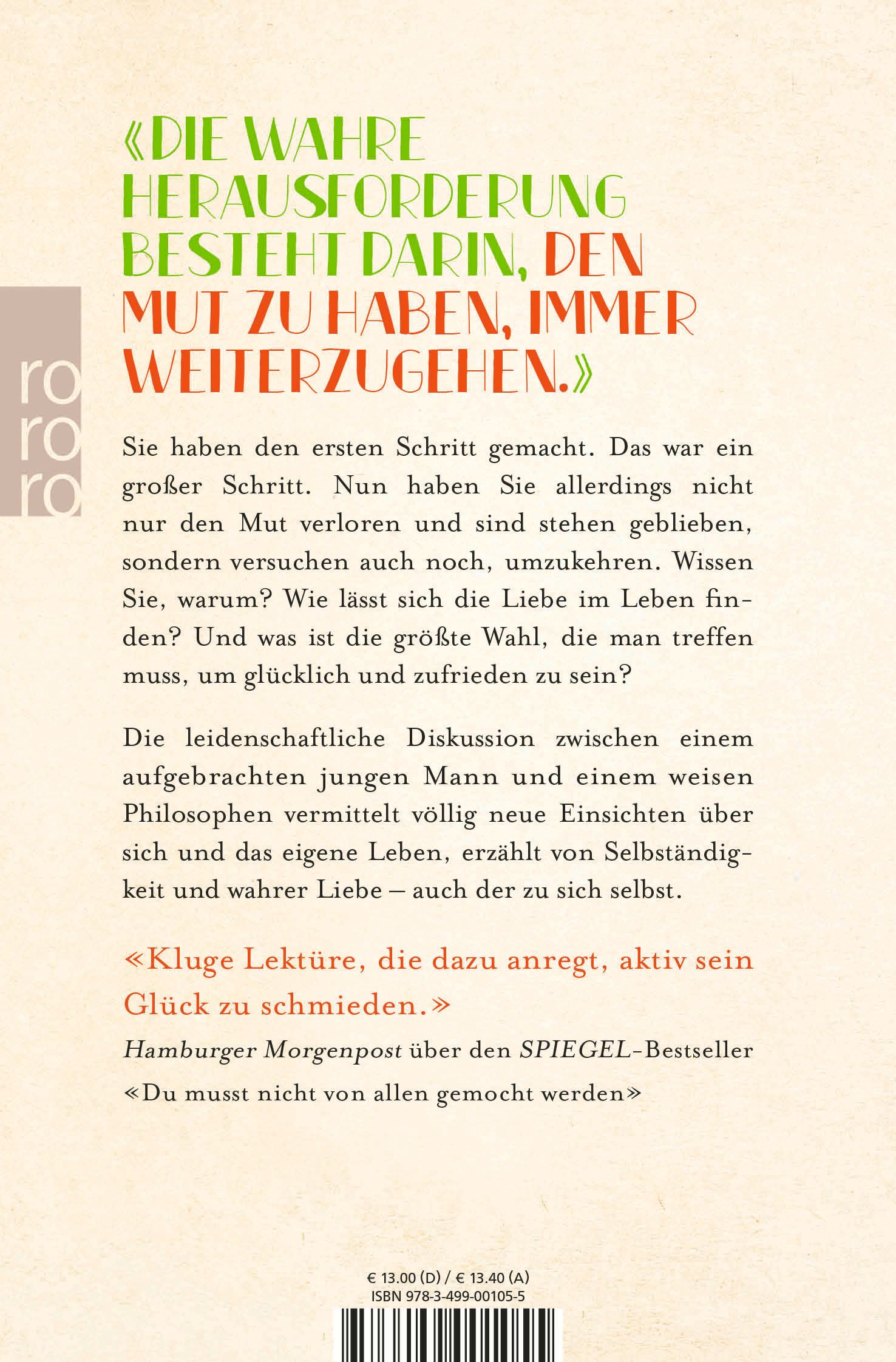 Buchrückseite mit Text. Zitat: "Die wahre Herausforderung besteht darin, den Mut zu haben, immer weiterzugehen."