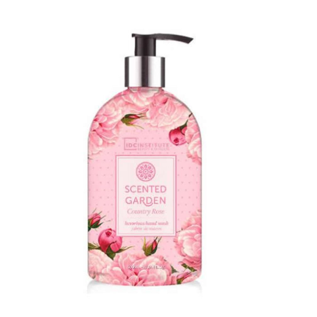 Rosa Spenderflasche mit Rosenmuster und Pumpspender.