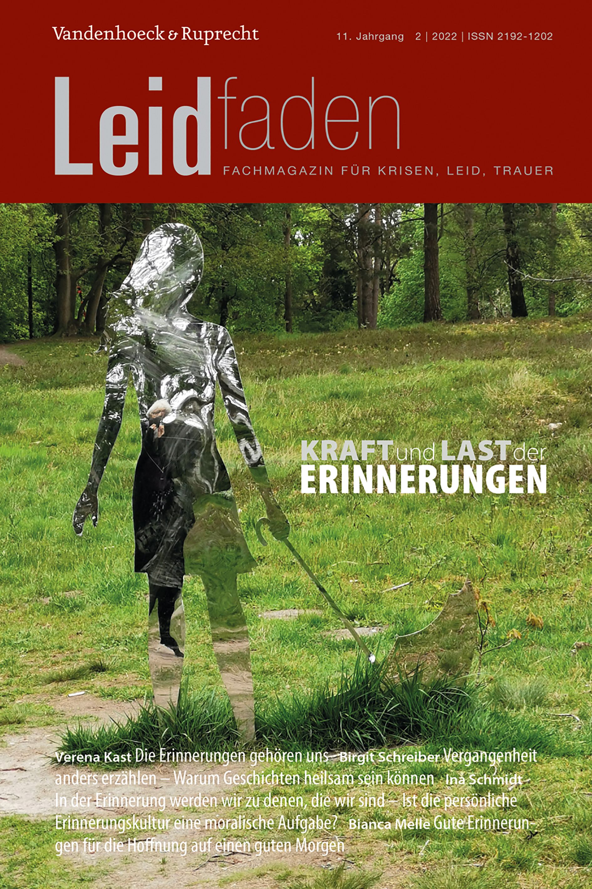 Zeitschrift "Leidfaden" mit Titel "Kraft und Last der Erinnerungen". Cover mit transparentem Frau-Figur auf Wiese.