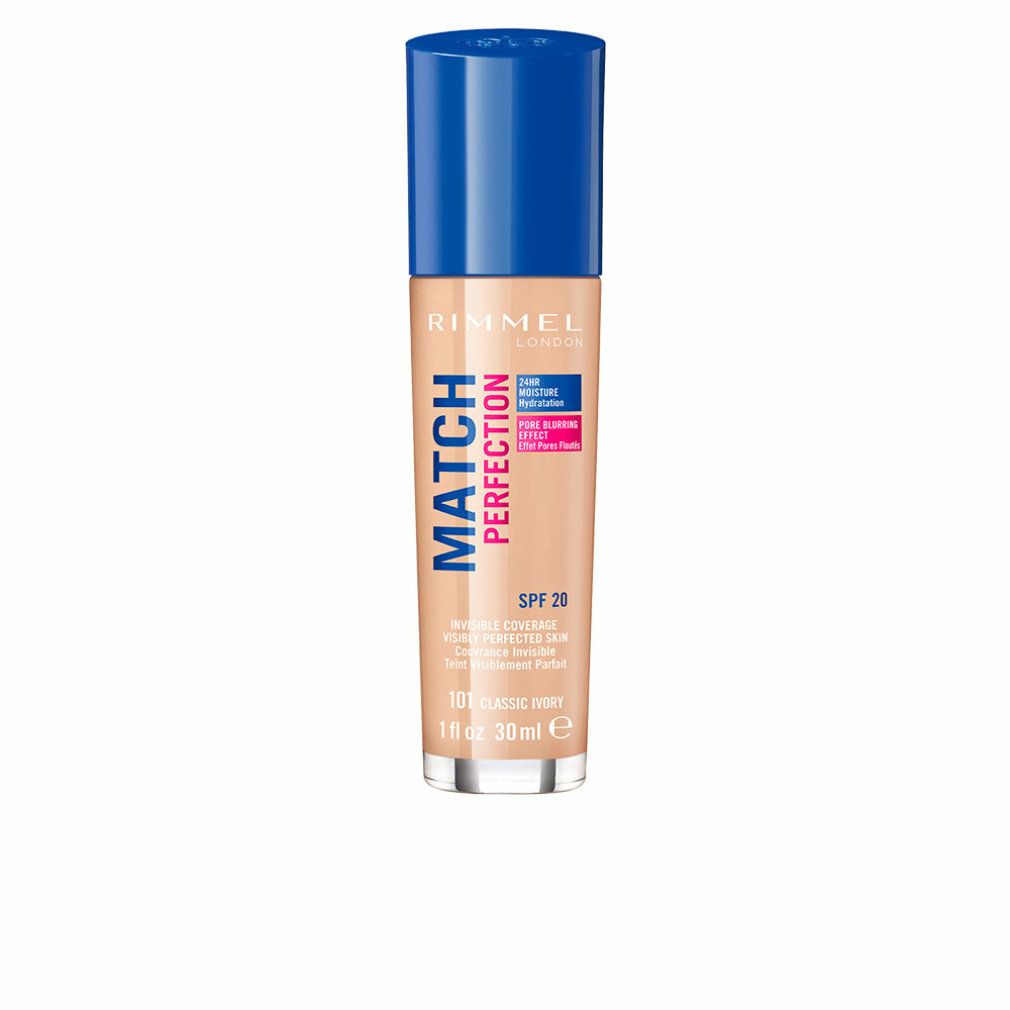 Rimmel London Match Perfection Foundation. Flasche mit blauem Deckel. Farbton 101 Classic Ivory. SPF 20.