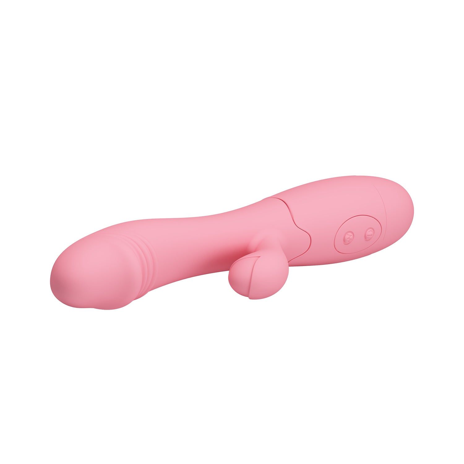 Rosa Vibrator mit gebogener Form. Zwei Knöpfe am Griff. Silikon-Material.
